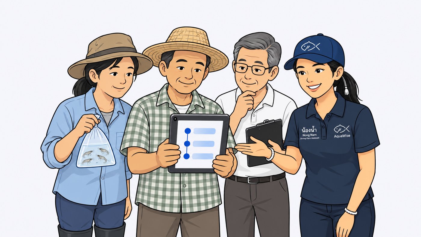 เกษตรกรอยู่ตรงกลาง ถือแท็บเล็ตที่มีประวัติบ่อ โดยมีเจ้าของโรงอนุบาล ที่ปรึกษา และน้องน้ำ ดูหลักฐานชุดเดียวกัน