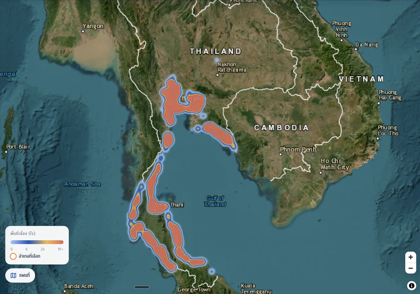 แผนที่ประเทศไทยที่ระบายสีพื้นที่เลี้ยงกุ้งขาวระดับอำเภอ ตามแนวชายฝั่งอ่าวไทยและอันดามัน